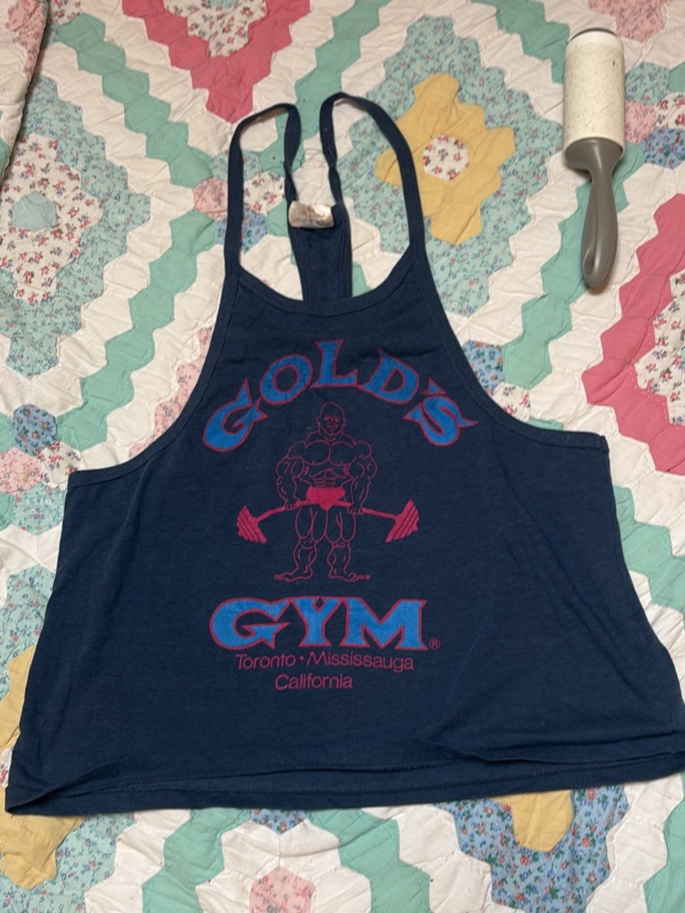 Vintage 80s Golds Gym Navy Graphic Racerback Cropped Tank Top Mens Large